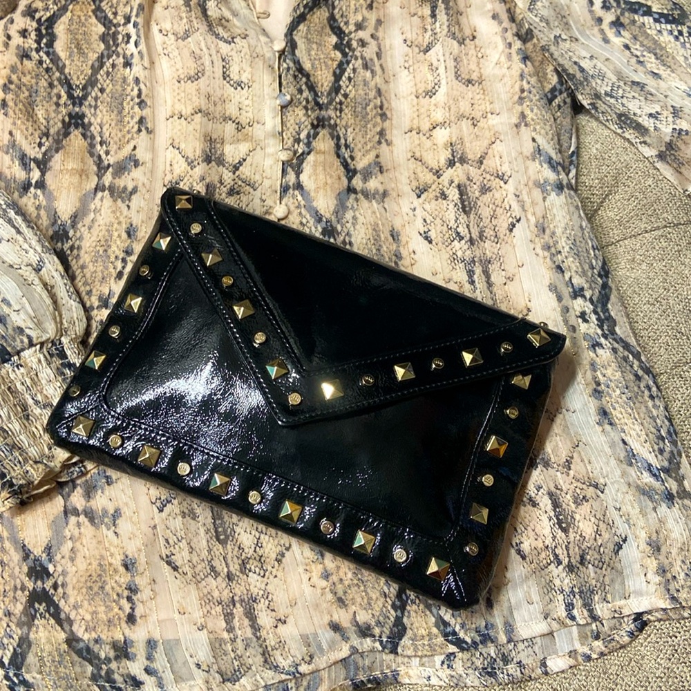 Sale! Stunning Elaine Turner black patent leather clutch, gold embellishments.